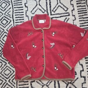 Christopher & Banks Red Fleece Jacket with Embroidered Accents